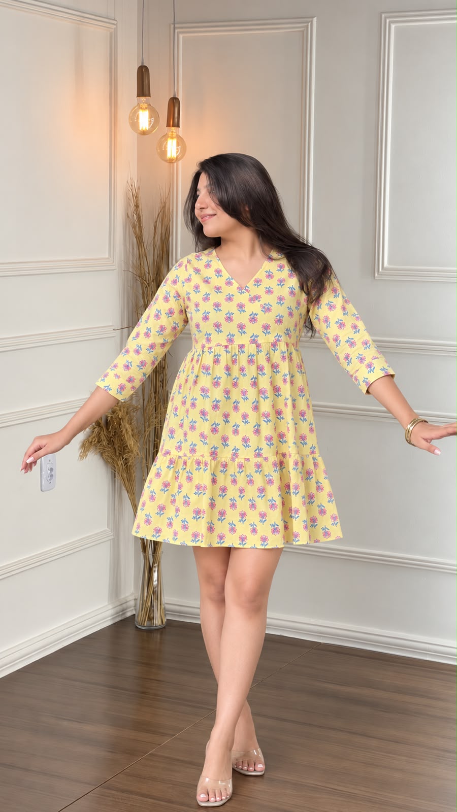 Sunehri Tiered Floral Mini Dress – yellow block-print V-neck mini dress with 3/4 sleeves, front view
