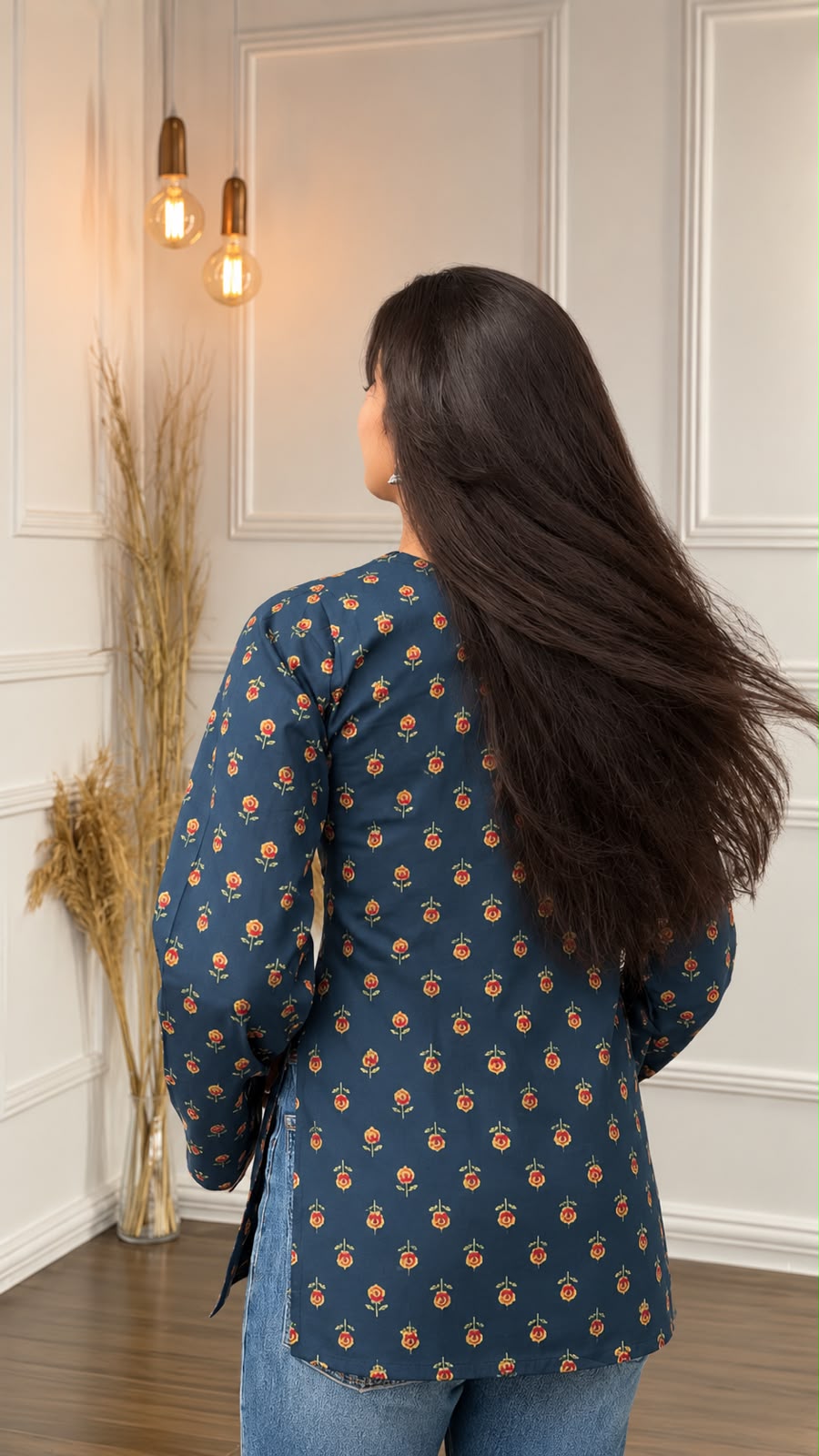 Zeenat Lace Bell-Sleeve Short Kurti – back view