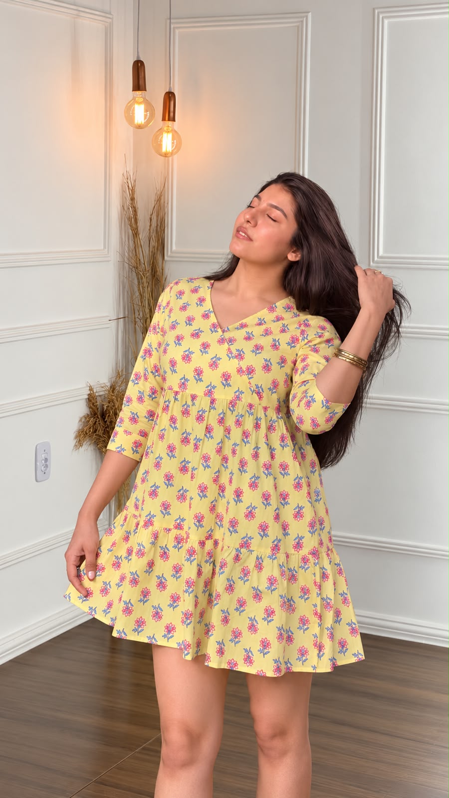 Sunehri Tiered Floral Mini Dress – yellow block-print V-neck mini dress with 3/4 sleeves, front view