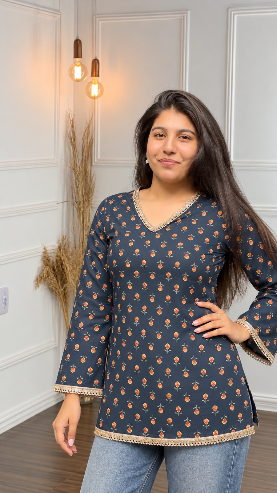 Zeenat Lace Bell-Sleeve Short Kurti – teal blue floral print kurti with gold lace V-neck, front view