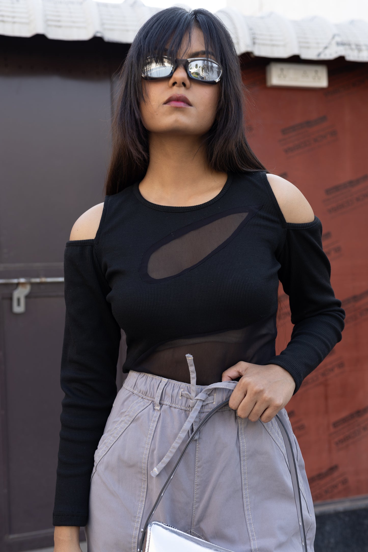 Black cold shoulder mesh top