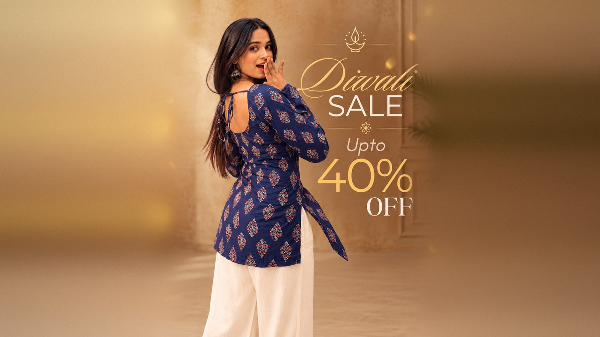 Drip Street Diwali Sale – up to 40% off, model in blue block-print short kurtislider_item_cEjLke